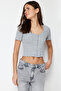 Gray Melange Patchwork Crop Pool Neck Ribbed Stretchy Knitted Blouse TWOSS24BZ00364 - 2