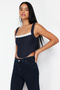 Koyu Mavi Dantel Yaka Detaylı Askılı Denim Comfort/Esnek Crop Büstiyer TWOSS24BS00010 - 2