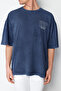 Indigo Oversized/Wide Cut Faded Effect Printed Text 100% Cotton T-Shirt TMNSS24TS00043 - 6
