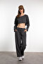 Textured Off Shoulder Long Sleeve Crop T-shirt Anthracite - 2