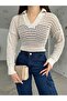 Women's Cream Polo Neck Openwork Knitwear Blouse - 4