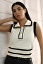Polo Collar, Buttoned, Striped, Sleeveless, Summer Women's Knitwear Undershirt - 3