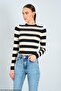 Women's Black Crew Neck Cream Striped Crop Sweater - 3