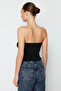 Siyah Buzzy Kalp Yaka Büzgülü Esnek Crop Örme Bluz TWOSS24BZ00204 - 5