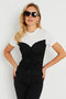 Women's Gathered T-Shirt Blouse Black-White KS117 - 3