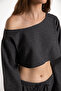 Textured Off Shoulder Long Sleeve Crop T-shirt Anthracite - 4
