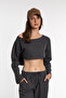 Textured Off Shoulder Long Sleeve Crop T-shirt Anthracite