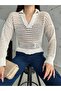 Women's Cream Polo Neck Openwork Knitwear Blouse - 3