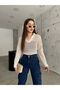 Women's Cream Polo Neck Openwork Knitwear Blouse - 5