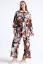 Women's Geometric Patterned Belted Wide Leg Trousers and Balloon Sleeve Tunic Bottom-Top Satin Set - 3