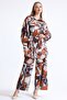 Women's Geometric Patterned Belted Wide Leg Trousers and Balloon Sleeve Tunic Bottom-Top Satin Set - 5