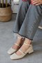 Mary Jane Beige Nude Matte Leather Closed Back Square Toe Short Block Heeled Women's Shoes - 6