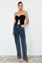 Siyah Buzzy Kalp Yaka Büzgülü Esnek Crop Örme Bluz TWOSS24BZ00204 - 6