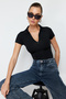 Black Fitted/Body-Sitting Zippered Collar Flexible Knitted Body with Snap Fasteners TWOSS24BD00025 - 2