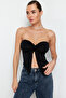 Siyah Buzzy Kalp Yaka Büzgülü Esnek Crop Örme Bluz TWOSS24BZ00204 - 3