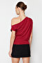 Bordo Regular/Normal Kalıp Asimetrik Yaka Sıfır Kol Esnek Örme Bluz TWOSS24BZ00396 - 4