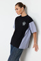 Siyah Kalın Pamuklu Oversize/Geniş Kalıp Poplin Detaylı Baskılı Örme T-Shirt TWOSS24TS00005 - 6
