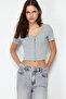 Gray Melange Patchwork Crop Pool Neck Ribbed Stretchy Knitted Blouse TWOSS24BZ00364