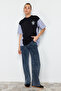 Siyah Kalın Pamuklu Oversize/Geniş Kalıp Poplin Detaylı Baskılı Örme T-Shirt TWOSS24TS00005 - 8