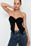 Siyah Buzzy Kalp Yaka Büzgülü Esnek Crop Örme Bluz TWOSS24BZ00204 - 2