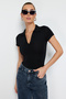 Black Fitted/Body-Sitting Zippered Collar Flexible Knitted Body with Snap Fasteners TWOSS24BD00025