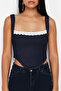 Koyu Mavi Dantel Yaka Detaylı Askılı Denim Comfort/Esnek Crop Büstiyer TWOSS24BS00010 - 5