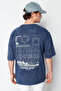 Indigo Oversized/Wide Cut Faded Effect Printed Text 100% Cotton T-Shirt TMNSS24TS00043