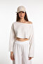 Textured Off Shoulder Long Sleeve Crop T-shirt Ecru - 3