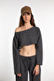Textured Off Shoulder Long Sleeve Crop T-shirt Anthracite - 3