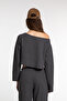 Textured Off Shoulder Long Sleeve Crop T-shirt Anthracite - 5