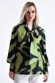 Women's Collared Tie-Detail Patterned Oversized Satin Shirt with Balloon Sleeves and Ruched Detail at the Shoulders - 6