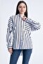 Women's Black Sleeve Folded Single Pocket Oversize Striped Shirt 302 - 5