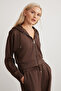 Jıll Women's Relaxed Fit Comfortable Fit Hooded Zippered Premium Fabric Knitted Crop Brown Sweatshirt - 3