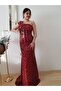 Women's Red Leopard Pattern Sequin Design Fish Evening Dress - 5