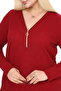 Claret Red V-Neck Zippered Knitwear Large Size Sweater - 4