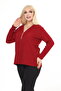 Claret Red V-Neck Zippered Knitwear Large Size Sweater - 3