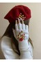 Valentine's Day Red Pearl Flower Embroidered French Painter Beret and Cut Fingers Gloves Set - 4