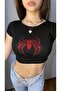 Black Red Glittered Jewelled Spiderman Spiderman Pattern Women's Crop Body - 3
