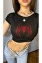 Black Red Glittered Jewelled Spiderman Spiderman Pattern Women's Crop Body - 4