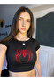 Black Red Glittered Jewelled Spiderman Spiderman Pattern Women's Crop Body - 7