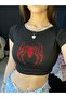 Black Red Glittered Jewelled Spiderman Spiderman Pattern Women's Crop Body