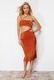 Stylish Textured Evening Dress with Brick Color Cut-Out Detail - TPRSS23EL00152 - 2