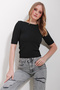 Black Crew Neck Ribbed Openwork Half Sleeve Knitwear Blouse Alc-X11558 - 4