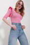Pink V-Neck Knitwear Blouse with Ruffled Sleeves Alc-X11557 - 3