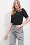 Black Crew Neck Ribbed Openwork Half Sleeve Knitwear Blouse Alc-X11558 - 3