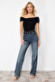 Siyah Carmen Yaka Vücuda Oturan Esnek Crop Örme Madonna Yaka Bluz TWOSS24BZ00368 - 3