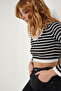 Woman's Black Striped Ribbed Crop Knit Blouse PF00067 - 4