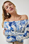 Women's Navy Blue Boat Neck Patterned Viscose Knitted Blouse RX00047