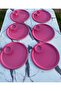 2 Model 6-Piece Pink Round Tray and 6-Piece Pink Macaron Holder Coffee and Pastry Serving Presentation Tray - 2