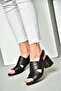 P555452303 Black Genuine Leather Thick Heeled Women's Sandals - 2